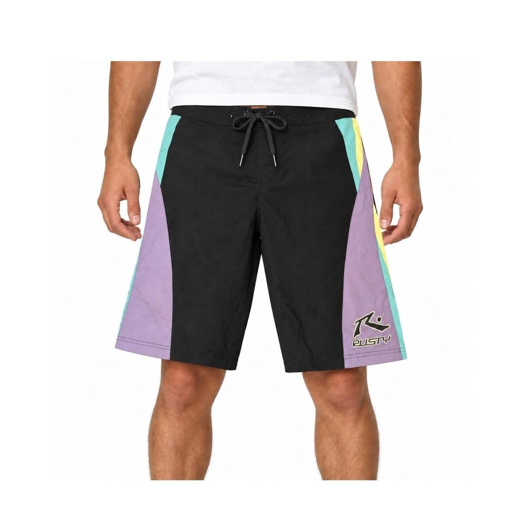 Rusty Board Shorts Men's 30 Black Purple Colorblock Lace-Up Surf Swim Trunks Y2K